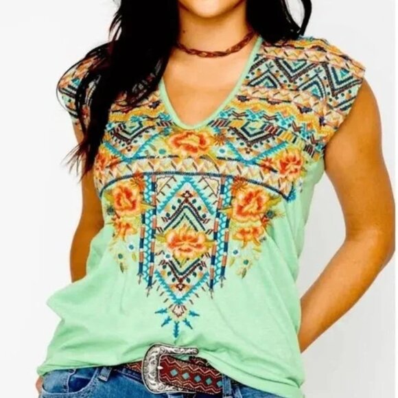 Johnny Was Tops - Johnny Was Sentrie Floral Embroidered Scoop V-neck Women's Top